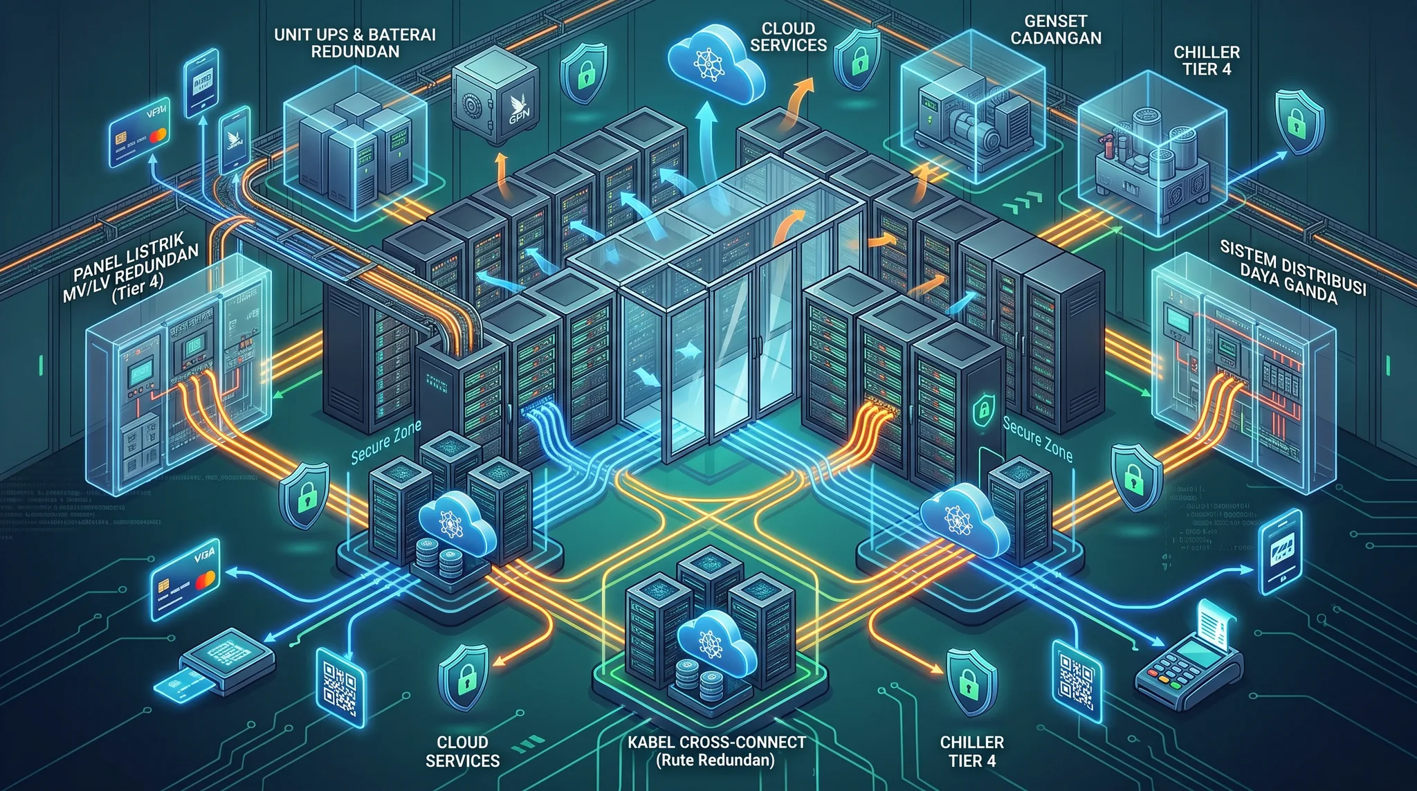 Ilustrasi teknis modern infrastruktur data center tier 4 dengan panel distribusi daya redundan 2N, sistem pendinginan modular, dan rak server enterprise berlampu indikator status operasional
