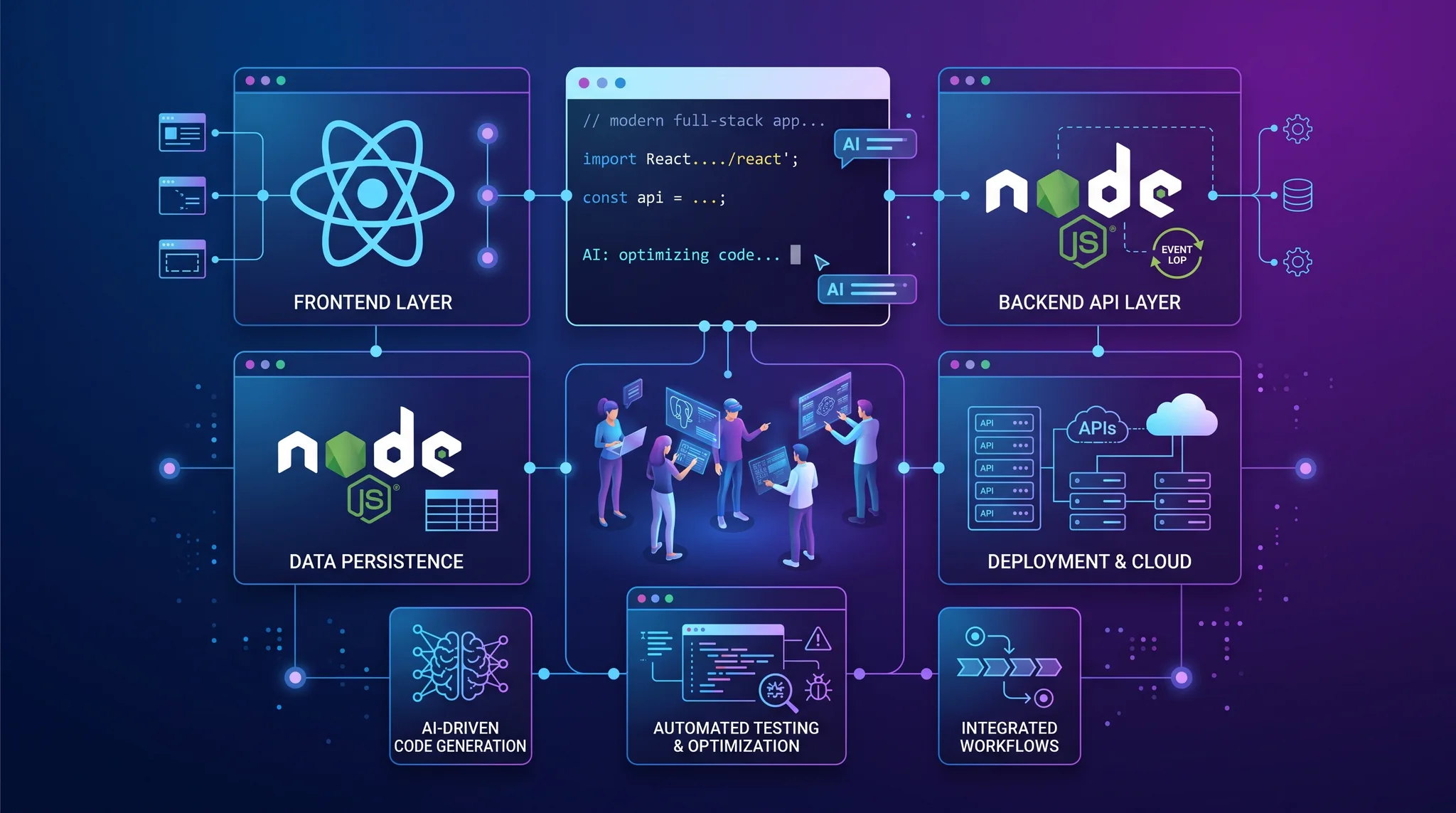 Ilustrasi teknis modern menampilkan arsitektur full-stack dengan ikon frontend, backend, database, dan cloud deployment dalam gaya desain bersih dan futuristik
