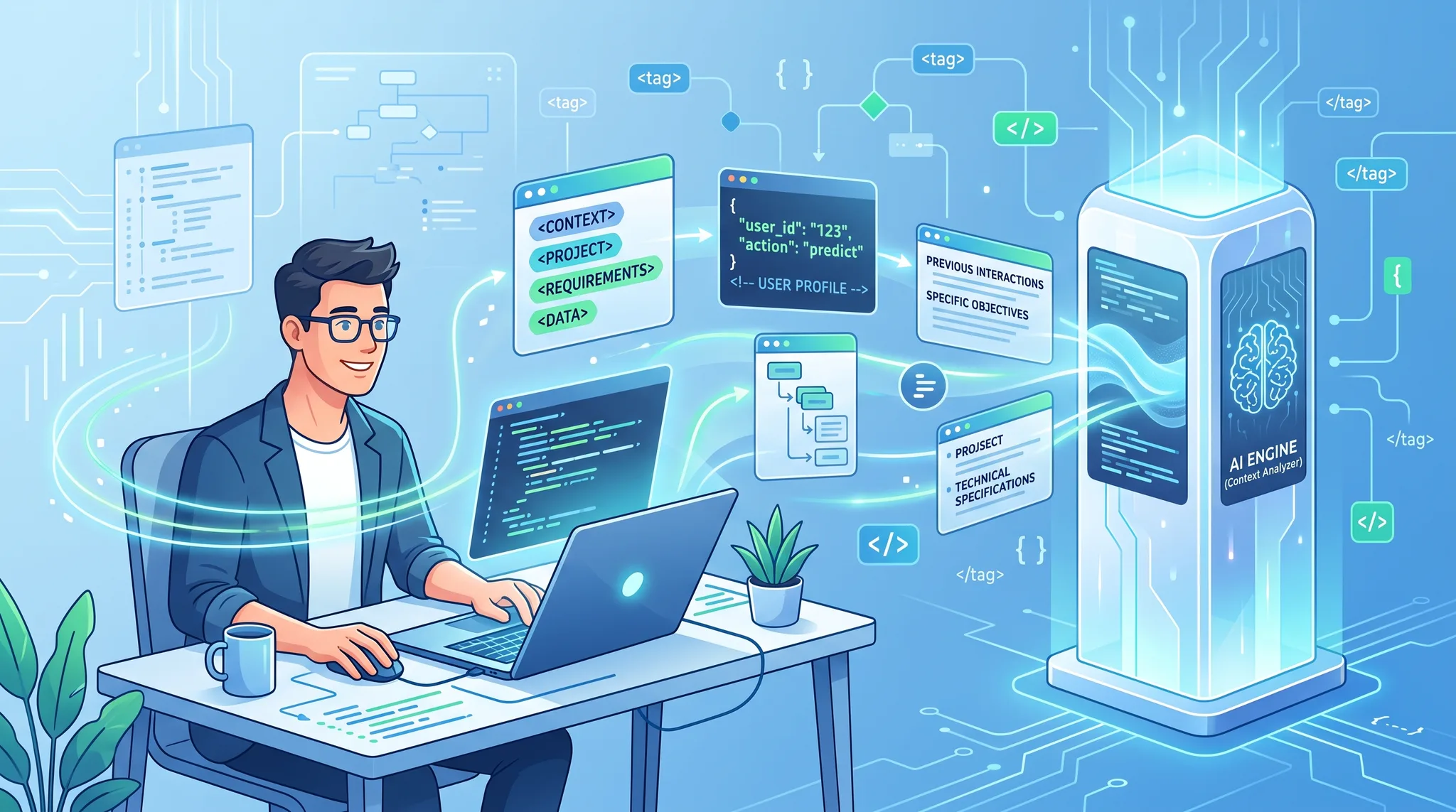 Ilustrasi developer memberikan instruksi terstruktur kepada AI assistant dengan cara efisien dan ringkas