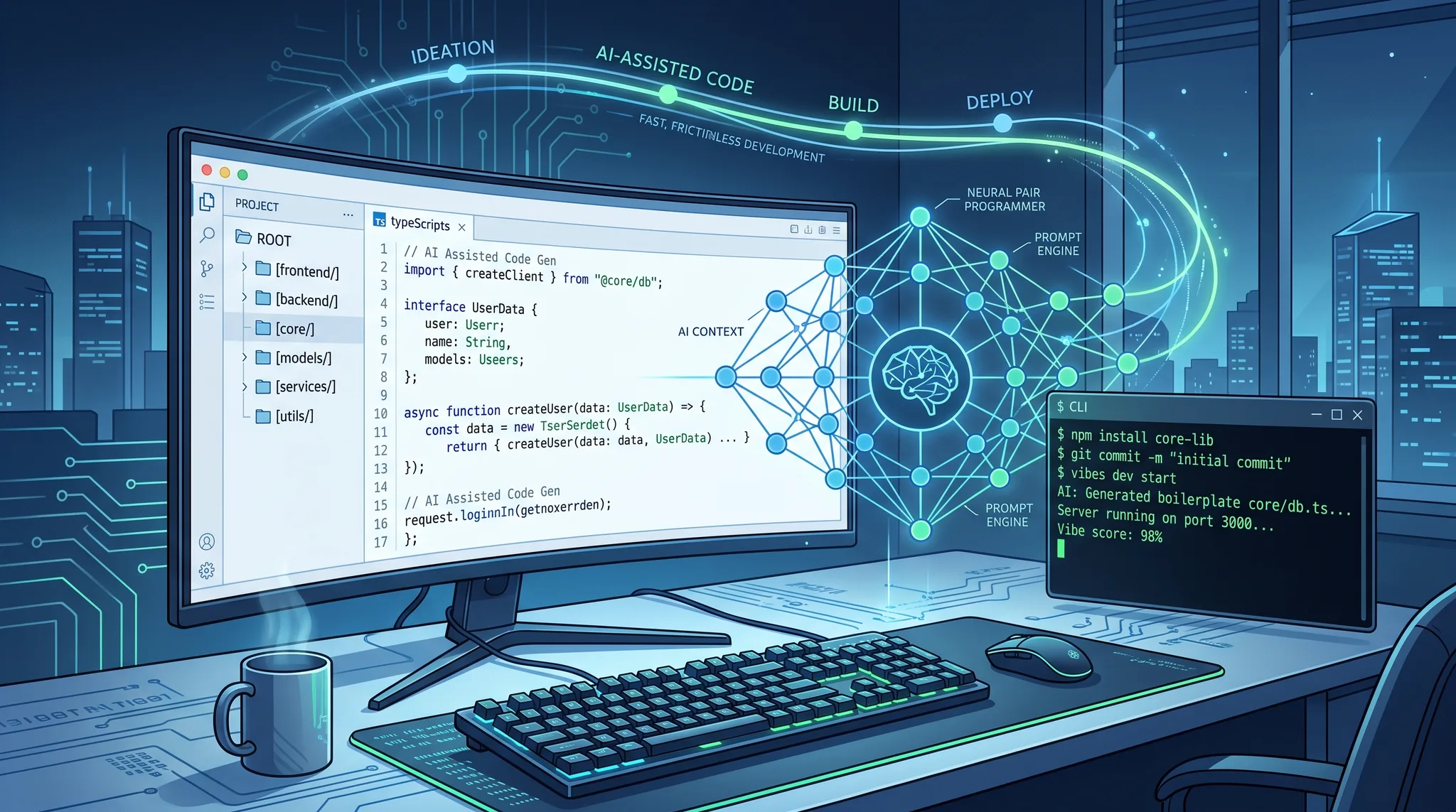 Ilustrasi teknis modern menampilkan developer bekerja dengan laptop, kode terintegrasi dengan elemen visual AI, latar belakang biru terang dan hijau neon, gaya profesional editorial tech rasio 16:9