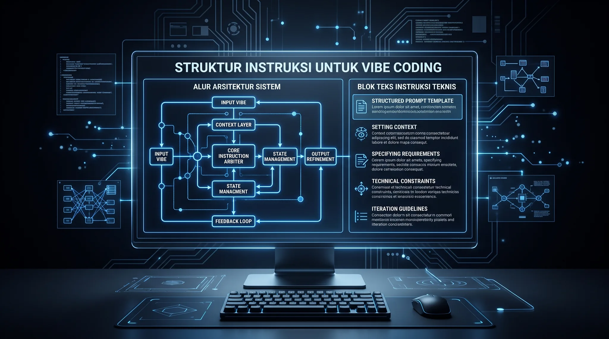 Ilustrasi teknis layar monitor menampilkan struktur prompt pengembangan perangkat lunak dengan diagram arsitektur dan elemen kode modern